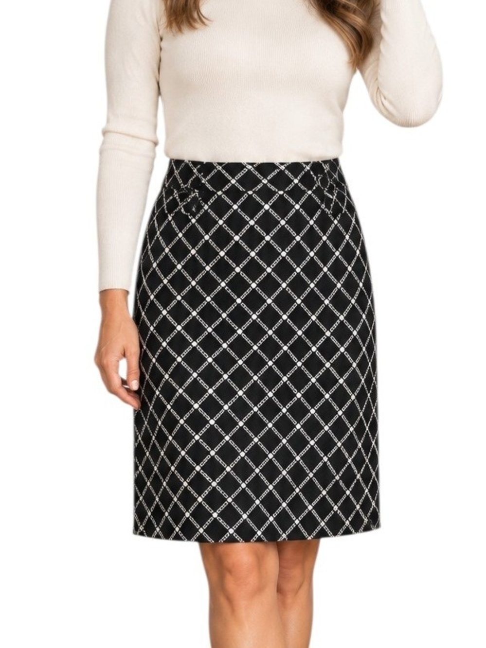 Antonio Melani Black Plaid Tweed Silk Pencil Skirt Lined Knee Length Zip Size 12